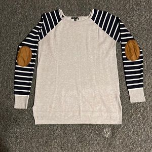 Blue stripe with brown elbow patches and gray buddy sweater